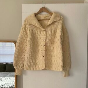 Vintage Handmade Wool Chunky Knit Button Down Cardigan Sweater Size M